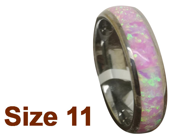 (Size 11) 6mm Pink Fire Opal Inlay Curved Top Tungsten Ring