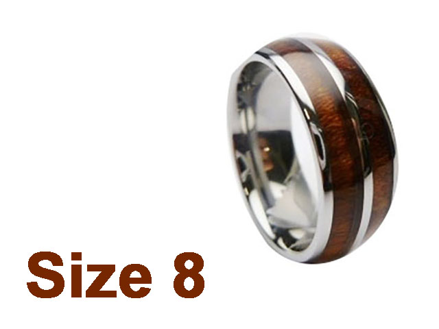 (Size 8) 8mm Koa Wood Inlay Curved Top Tungsten Ring