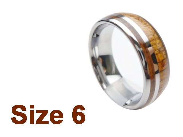 (Size 6) 8mm Koa Wood Inlay Curved Top Tungsten Ring