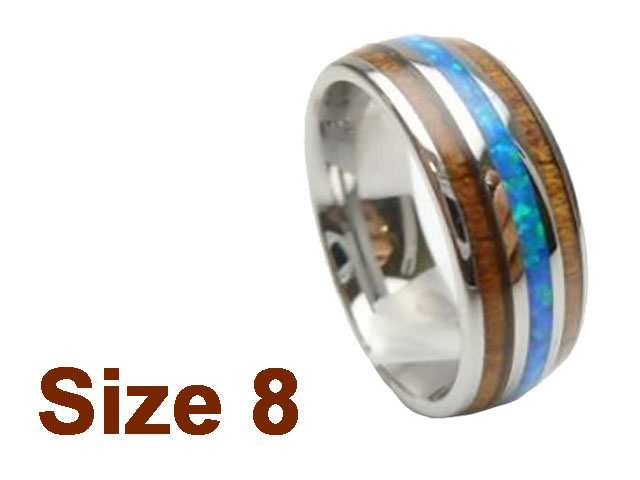 (Size 8) 8mm Koa Wood & Opal Inlay Curved Top Tungsten Ring