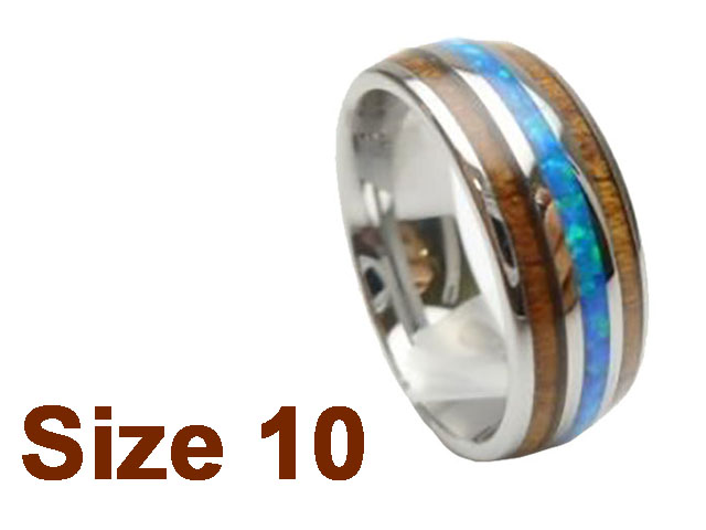 (Size 10) 8mm Koa Wood & Opal Inlay Curved Top Tungsten Ring