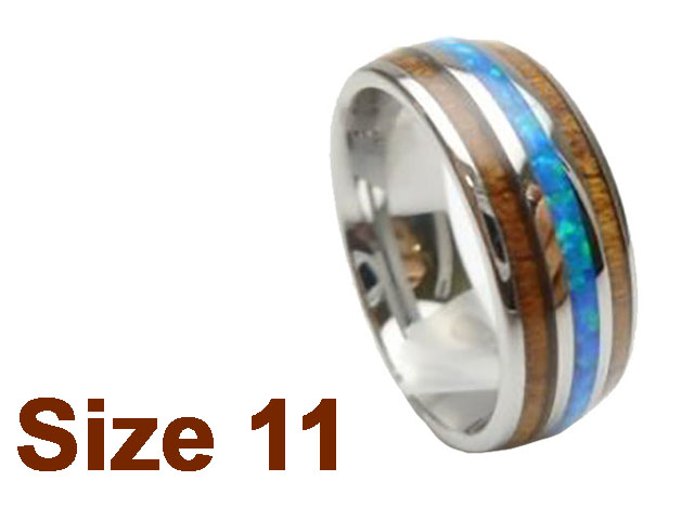 (Size 11) 8mm Koa Wood & Opal Inlay Curved Top Tungsten Ring