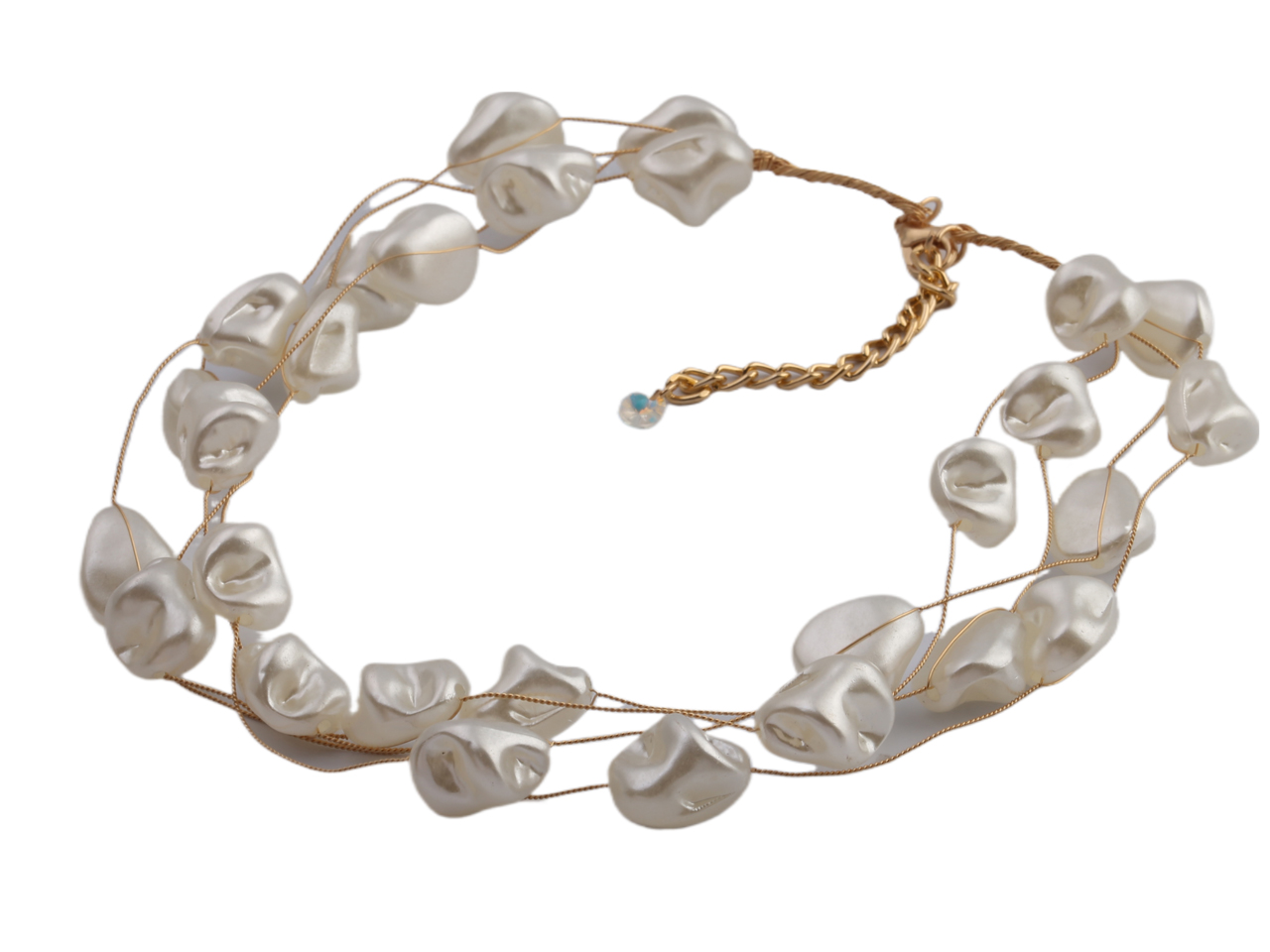 Triple Strands Faux Barque Pearl on Gold Tone Wire Necklace, MOQ