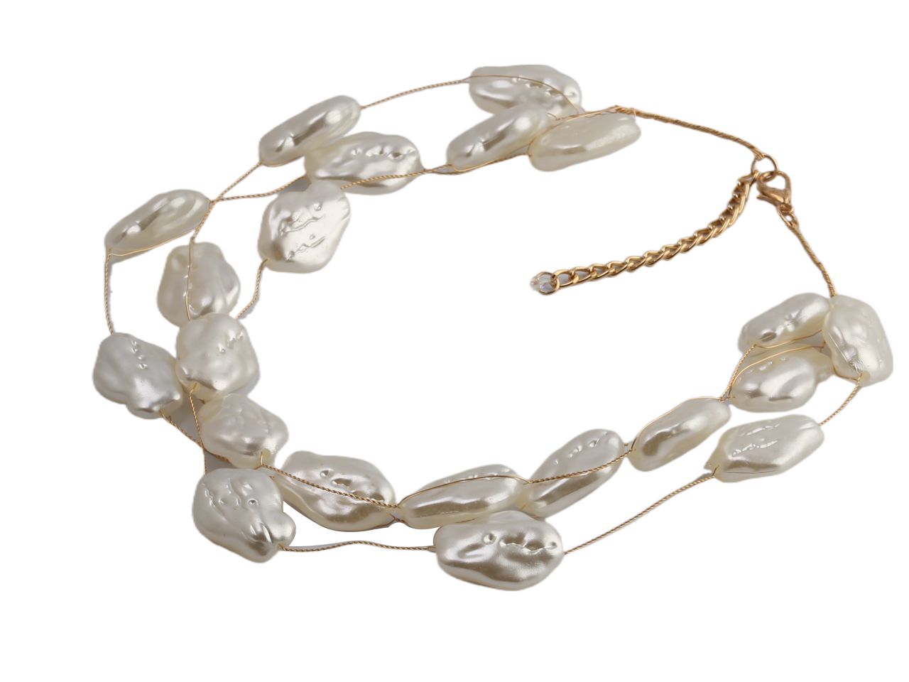 Triple Strands Faux Barque Pearl on Gold Tone Wire Necklace, MOQ