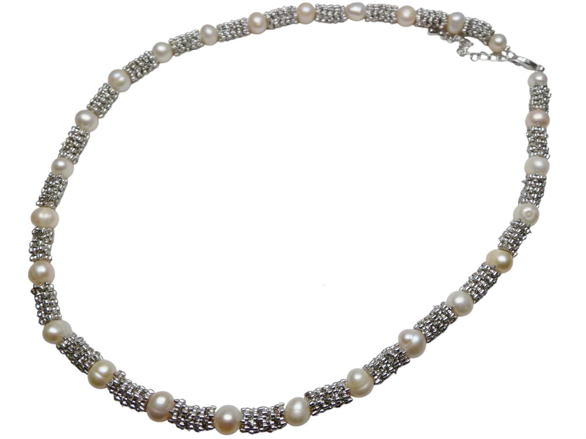 7mm White Potato Pearl w/ Metal Spacer Necklace 18" +2" ext