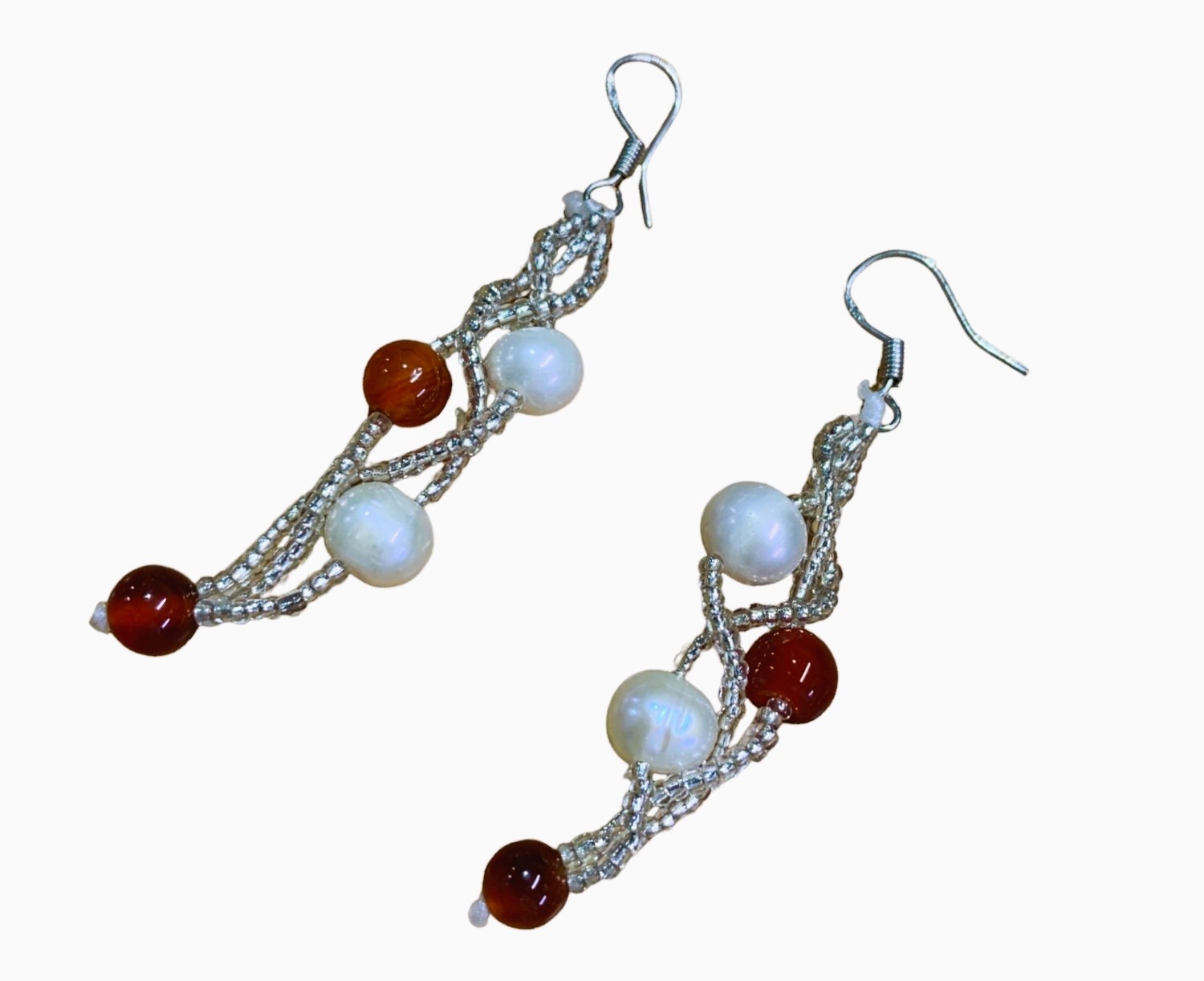 7mm White Fresh Water Pearl w/ red & silver beads earring