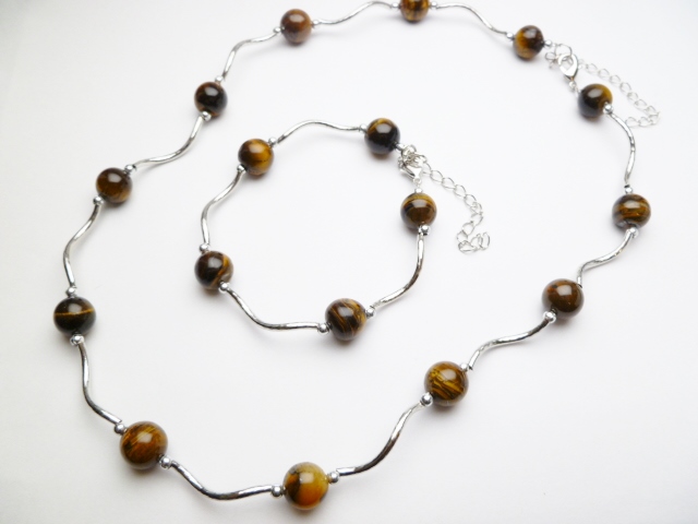 10mm Tiger Eye Stone w/ 18GKP Metal Tube Necklace