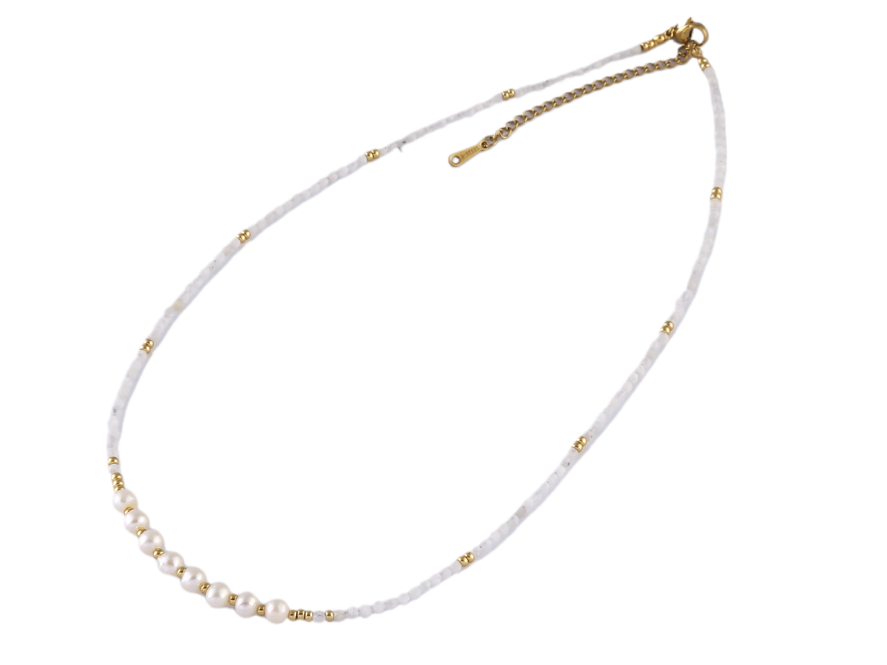 White Fresh Water Pearl on Gold Tone & Moon Stone Beads necklace