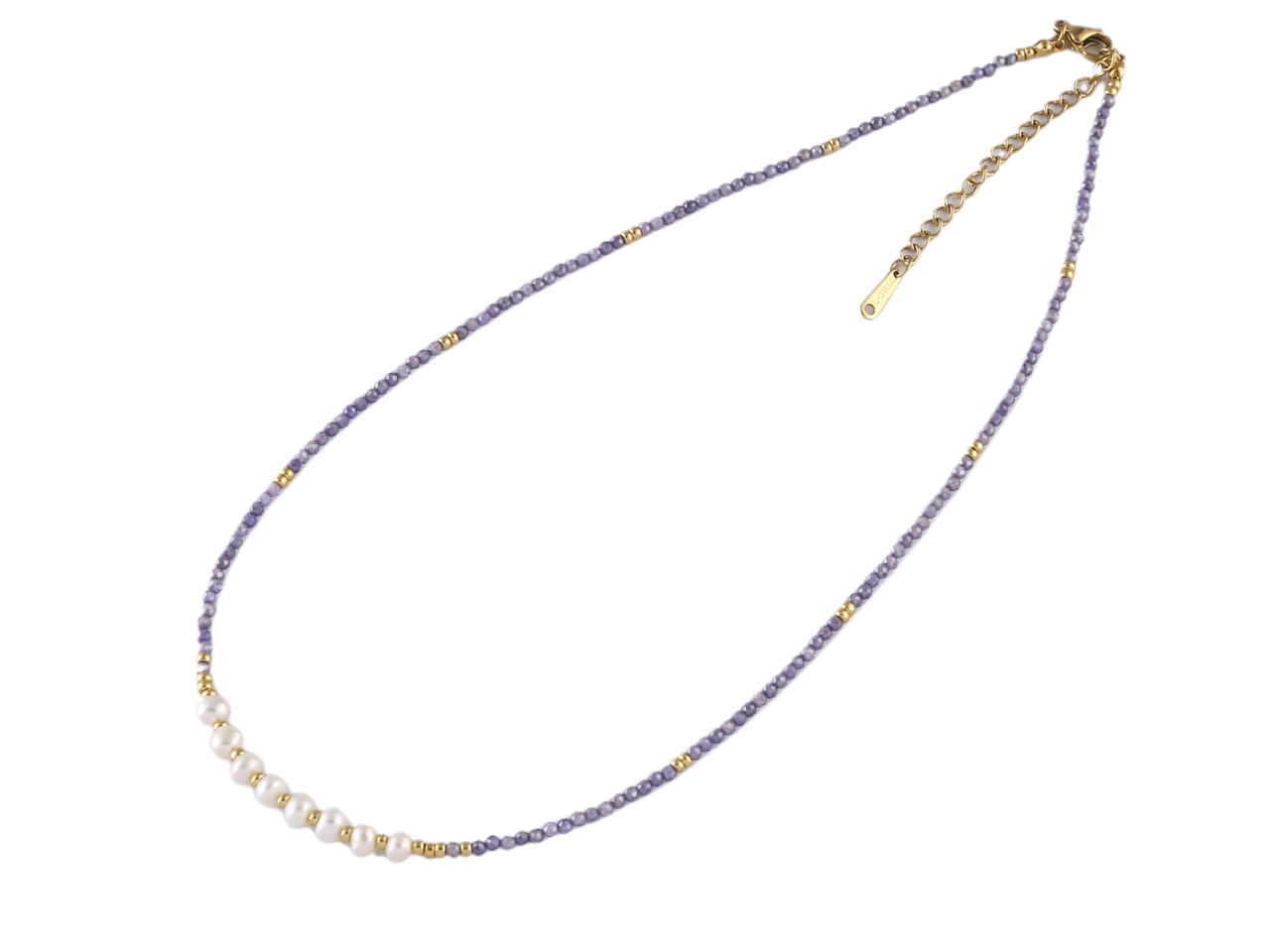 White Fresh Water Pearl on Gold Tone & Amethyst Beads necklace