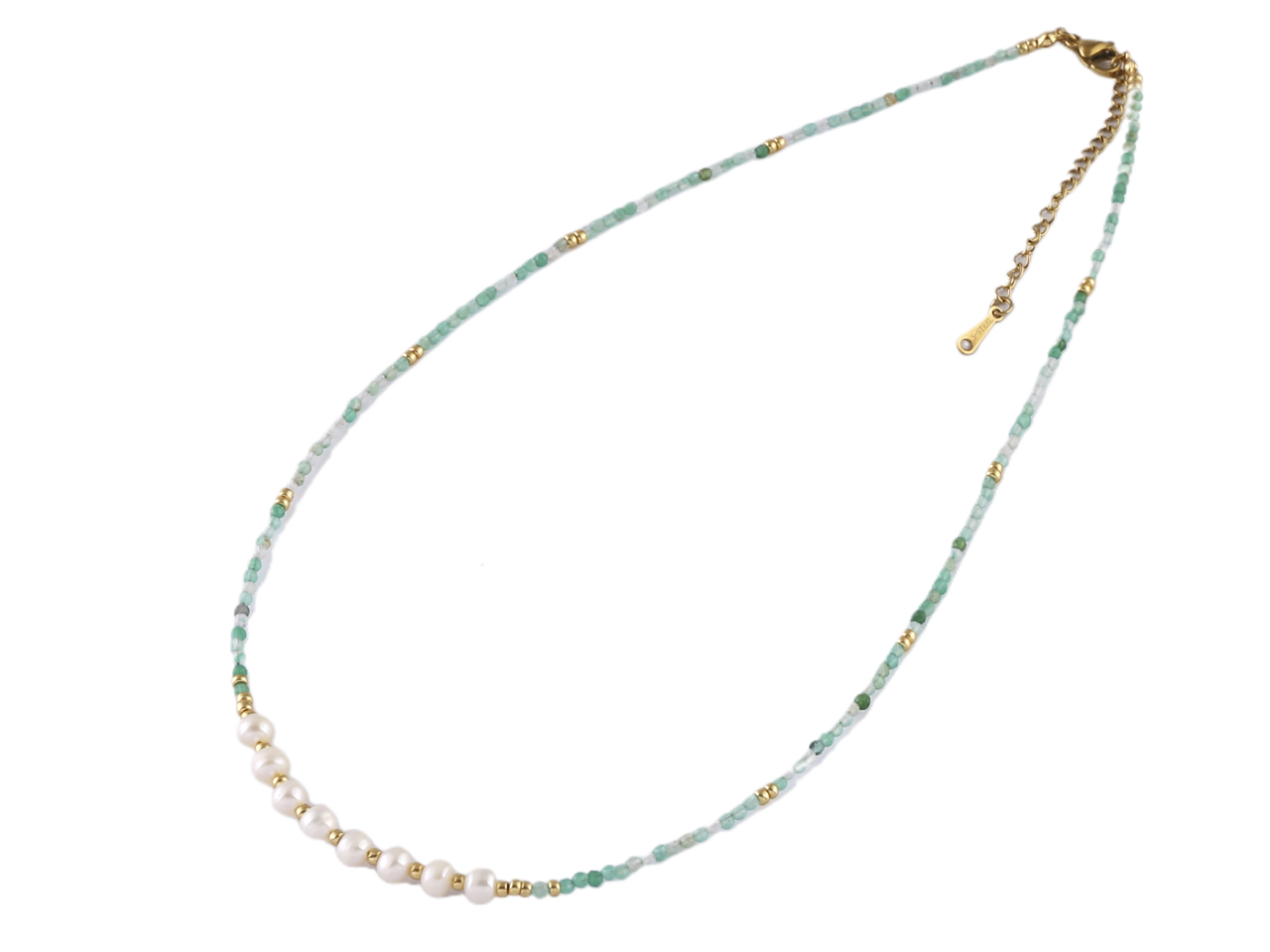 White Fresh Water Pearl on Gold Tone & Aquamarine Beads necklace