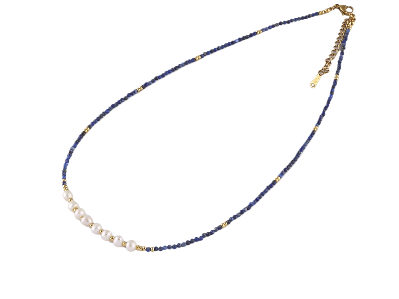 White Fresh Water Pearl on Gold Tone & Lapis Beads necklace