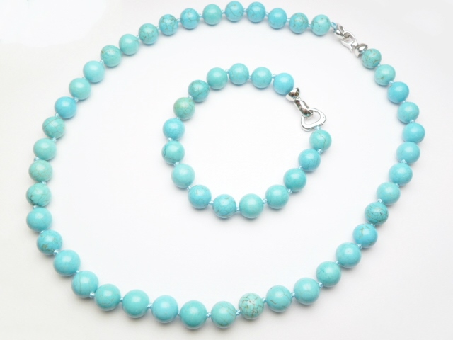 10mm Turquoise Necklace 20" & Bracelet 8" Set