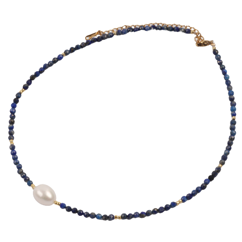 Big Fresh Water Pearl w/ Faceted Blue Lapis Beads Necklace