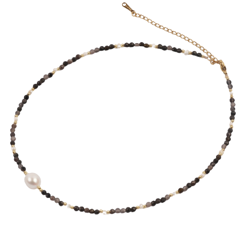 Big Fresh Water Pearl w/ Faceted Onyx Beads Necklace