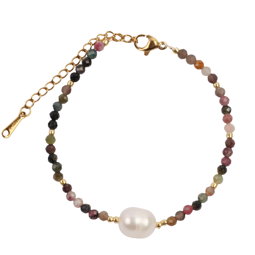 Big Fresh Water Pearl w/ Faceted Rainbow Fluorite Beads Bracelet