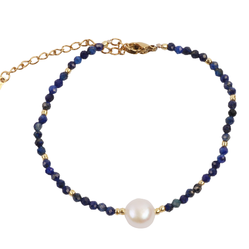 Big Fresh Water Pearl w/ Faceted Blue Lapis Beads Bracelet