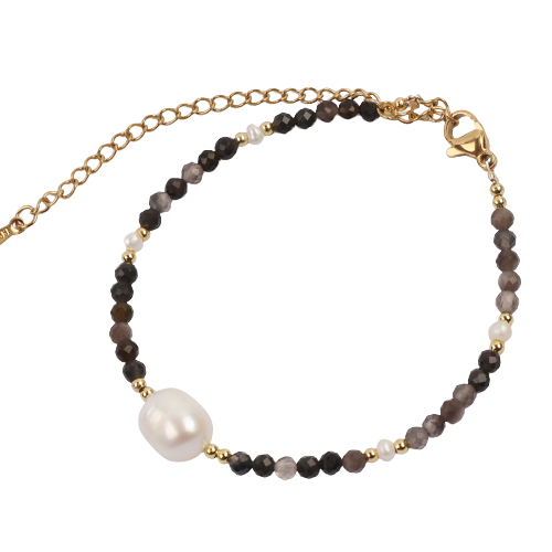 Big Fresh Water Pearl w/ Faceted Onyx Beads Bracelet
