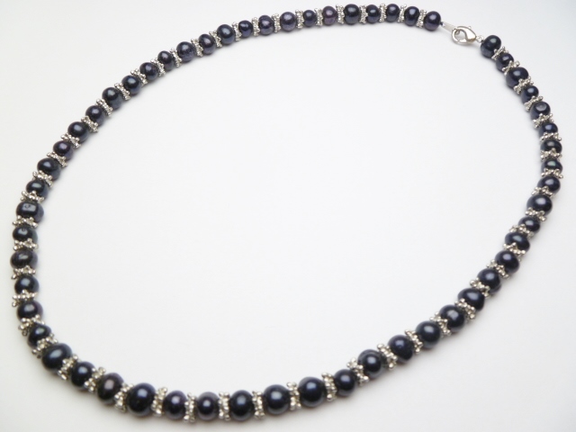 7-8mm Black Genuine Fresh Water Pearl w/ Spacer Necklace 18"