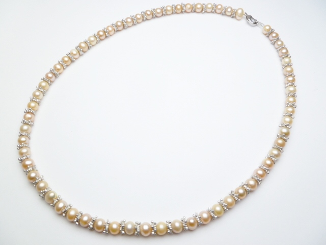 7-8mm Peach Genuine Fresh Water Pearl w/ Spacer Necklace 18"