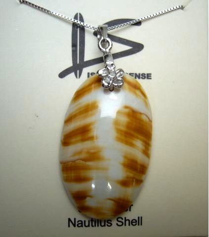 Natural Oval Nautilus Shell Pendant w/0.7mm 925 Silver Box Chain