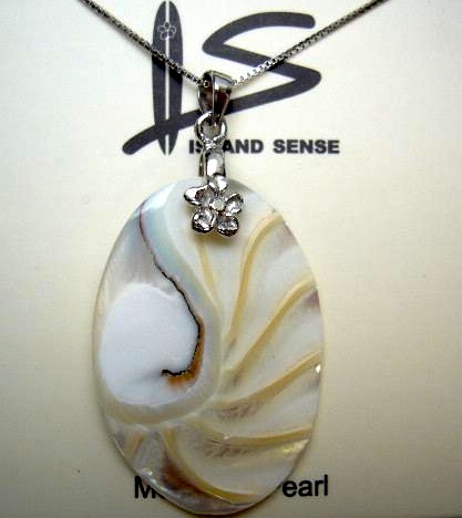 Oval Pearlized Nautilus Shell Pendant w/ 925 Silver Box Chain