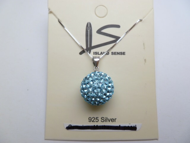 14 mm Round Blue CZ Pendant w/ 925 Silver 0.7mm Box Chain