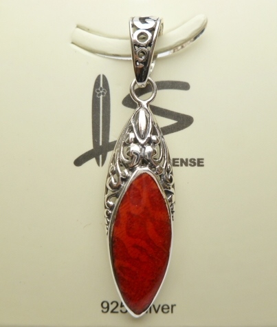 35x12mm Red Coral Pendant w/ 925 Silver