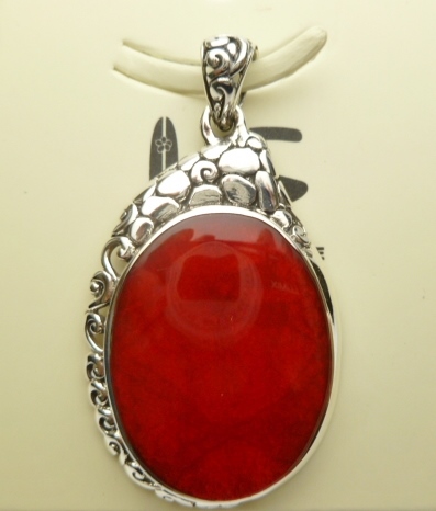 42x28mm Red Coral Pendant w/ 925 Silver