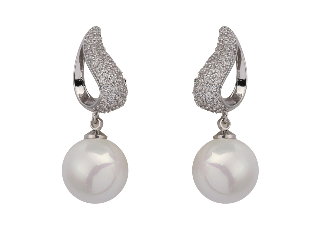 Crystal w/ White Shell Pearl 925 Silver Pin Earrings, MOQ-3