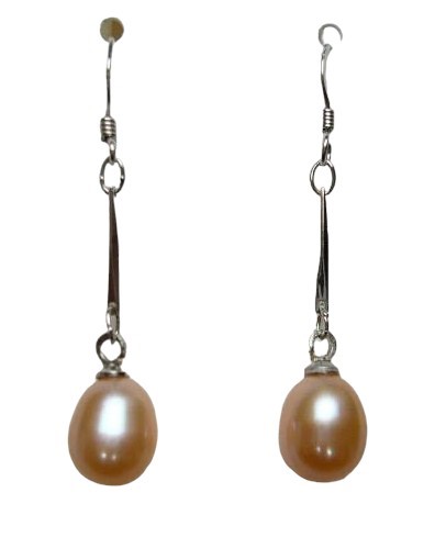 Peach - 8mm x 9mm Long Freshwater Pearl Earring w/ 925 Silver