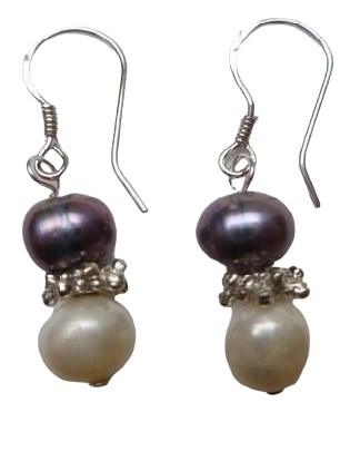 7-8mm Black & White Fresh Water Pearl w Pewter & 925 Silver Hook