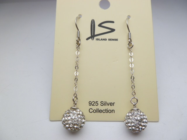 925 Silver Dangle White Crystal Ball Earring