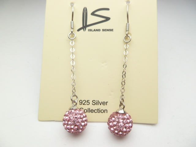 925 Silver Dangle Pink Crystal Ball Dangle Earring