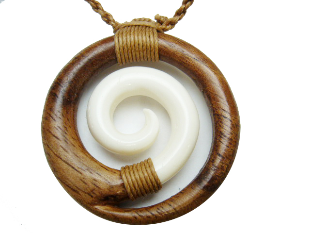 39mm Koa Wood Spiral/ Buffalo Bone w/ Brown Cord, 6pcs/bag - Click Image to Close