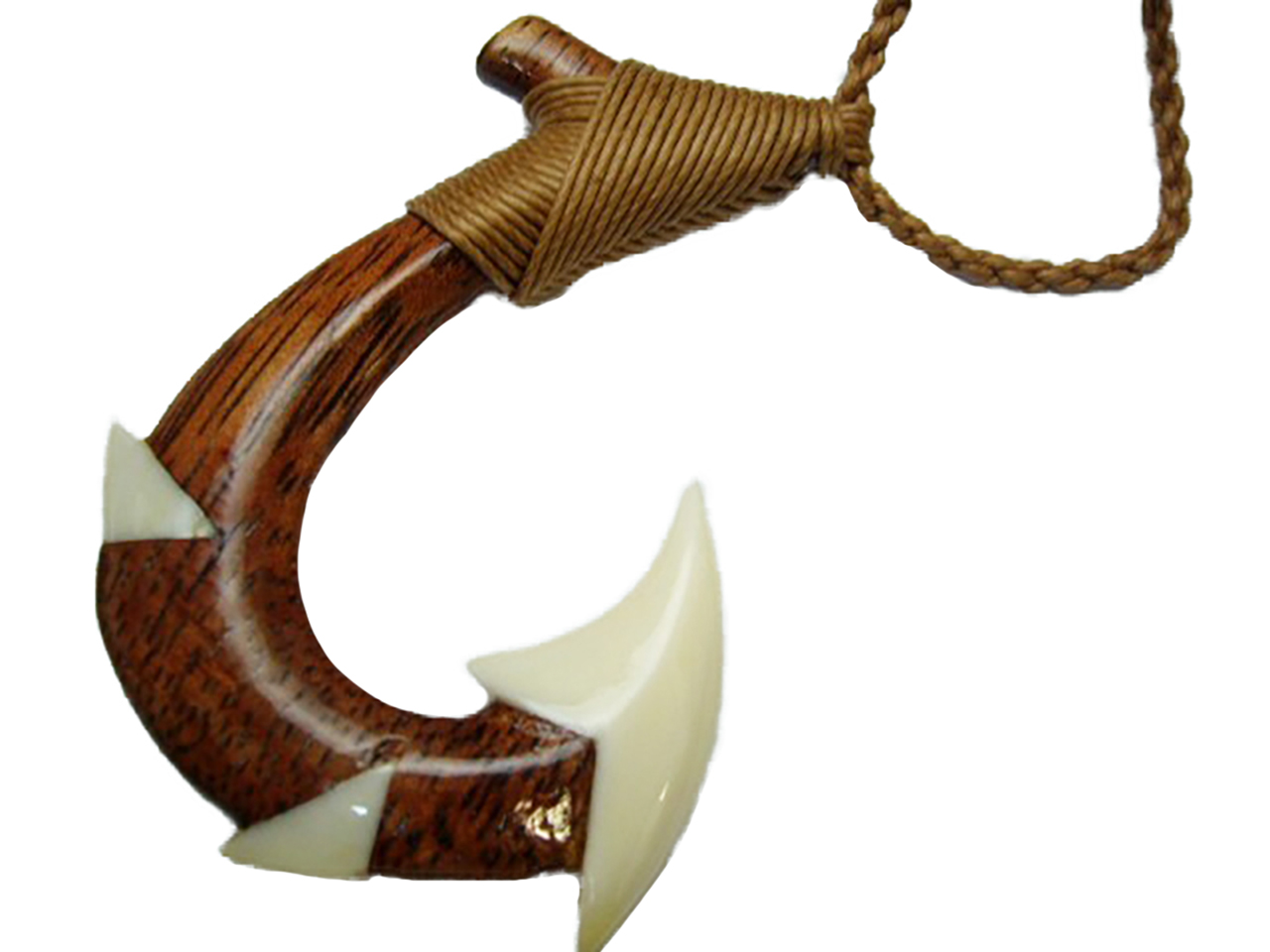 Natural Koa Wood Fishhook/Buffalo Bone w/ Brown Cord, 6pcs/bag - Click Image to Close