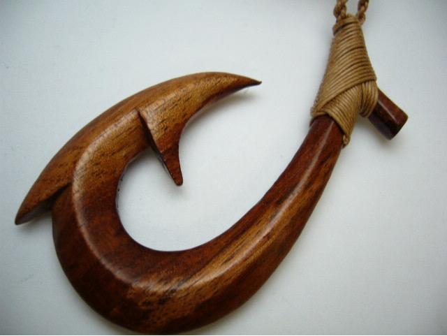 38mm x 68mm Natural Koa Wood Fishhook w/ Brown Cord, 6pcs/bag