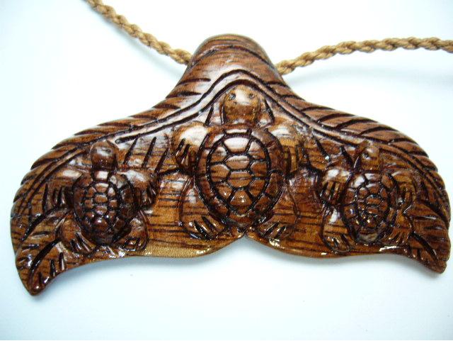 Natural Koa Wood Whale Tail w/ Turtle Carving, 6pcs/bag