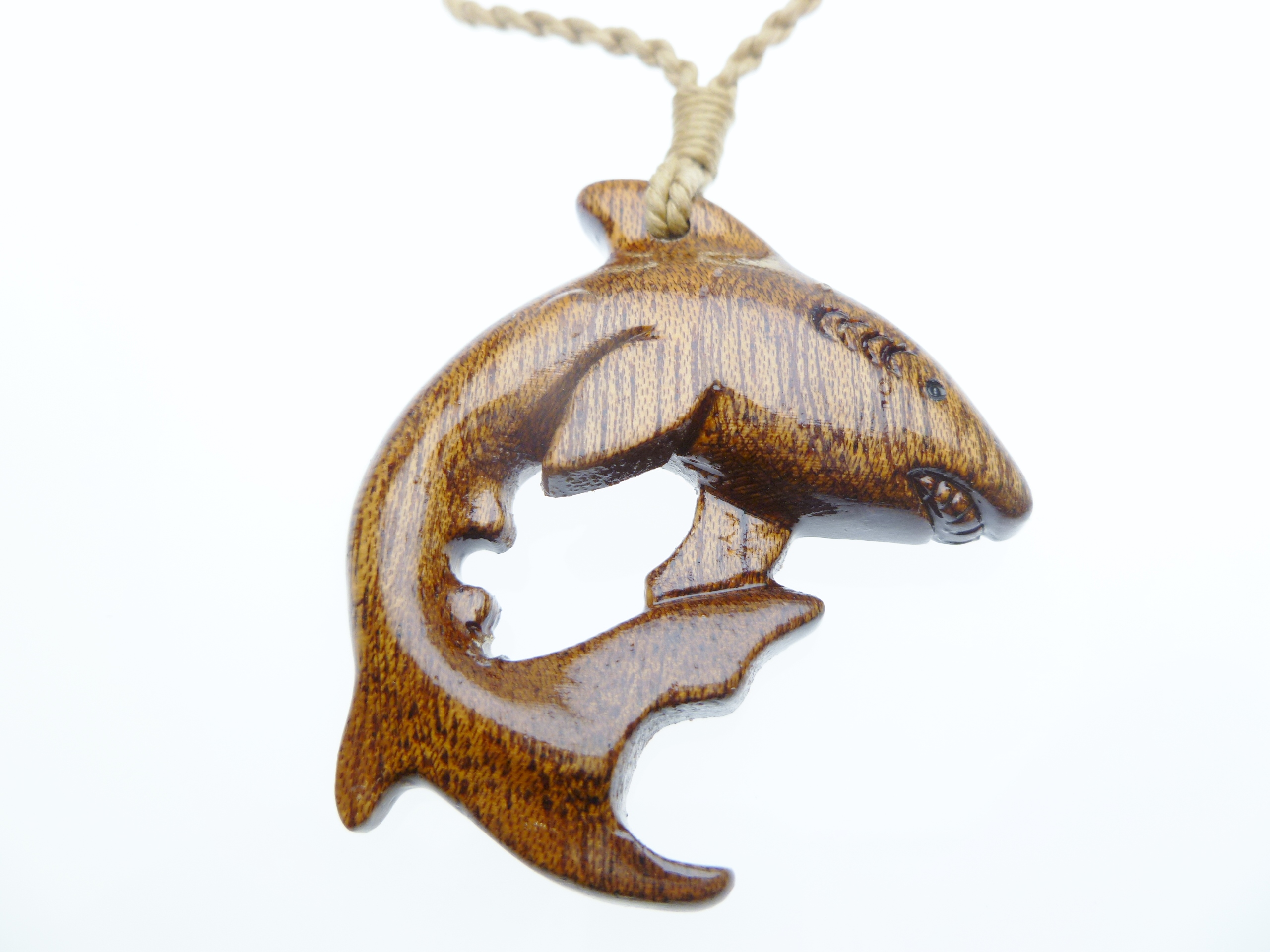 35x44mm Natural Koa Wood Shark w/ Adjustable Brown Cord 6pcs/bag - Click Image to Close