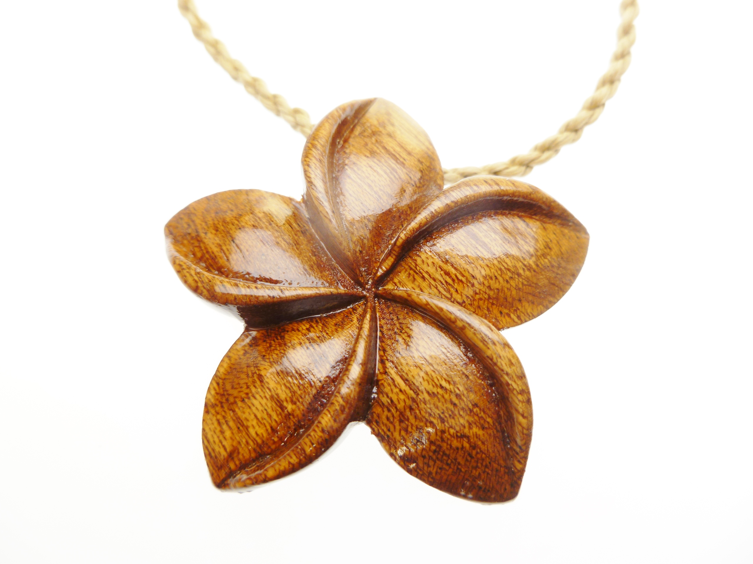 39mm Natural Koa Wood Plumeria Flower w/ Brown Cord, 6pcs/bag