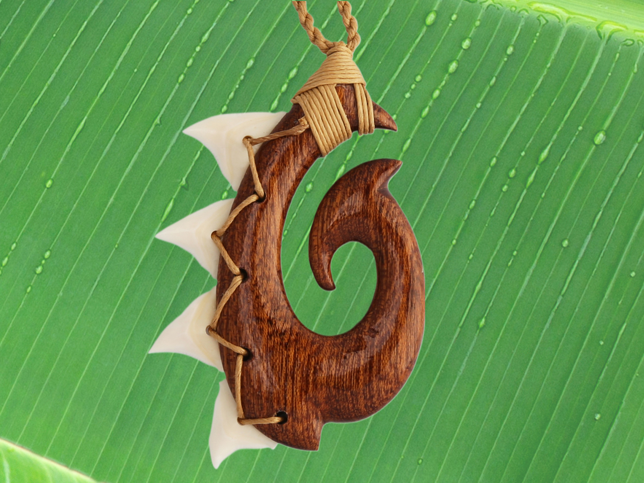 Koa Wood Fish Hook White Tip Shark Teeth w/ Brown Hemp Cord - Click Image to Close