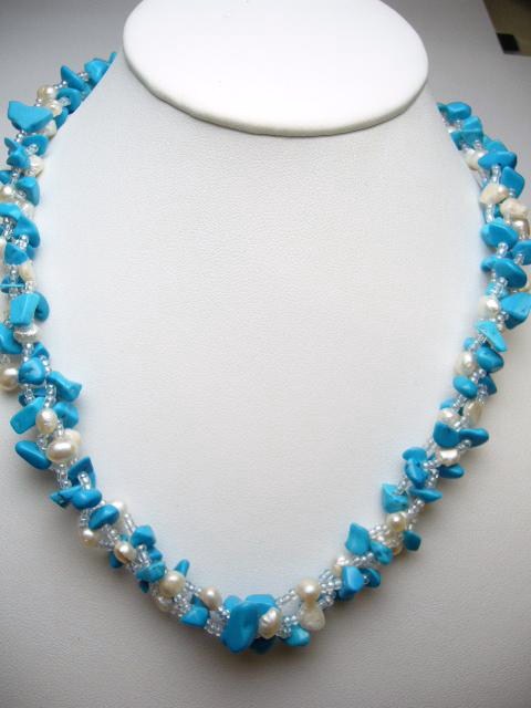 Twisted Turquoise Necklace w/Fresh Water Pearl & White Sea Beads