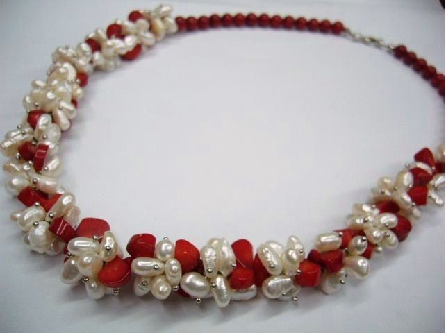 White Fresh Water Pearl Necklace w/ Red Coral 18"