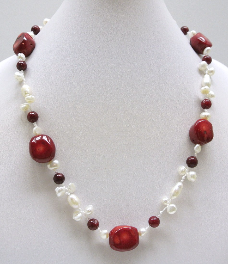 White Fresh Water Pearl 18" Necklace w/ Red Coral