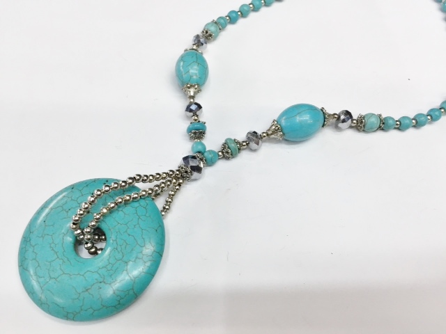 Turquoise Donut Pendant on Stone & Beads Necklace