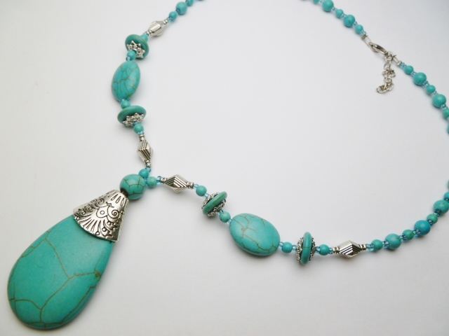 Turquoise Tear Drop Pendant on Stone & Beads Necklace