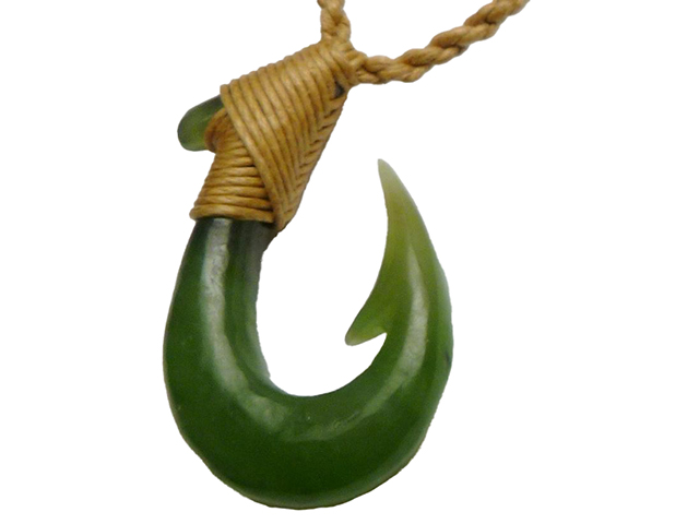 Green Jade Carved Fishhook on Adjustable Hemp Cord 23x36mm