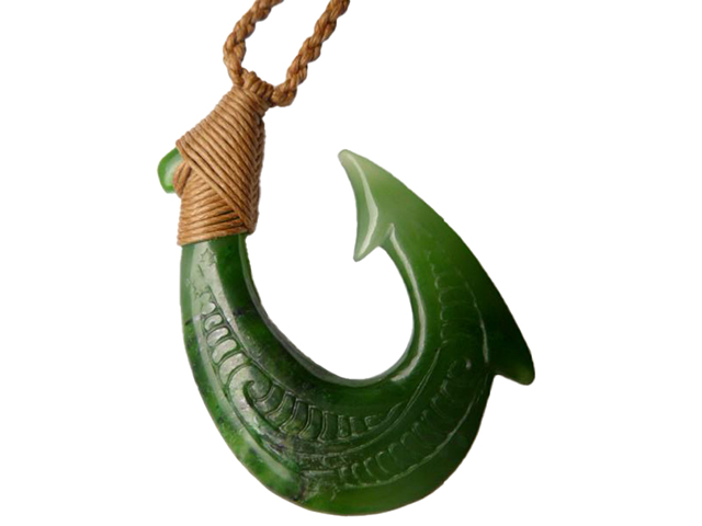 Green Jade Carved Tribal Fishhook on Hemp Cord 35x48mm