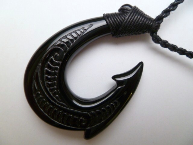 Black Jade Carved Fish Hook on Adjustable Hemp Cord