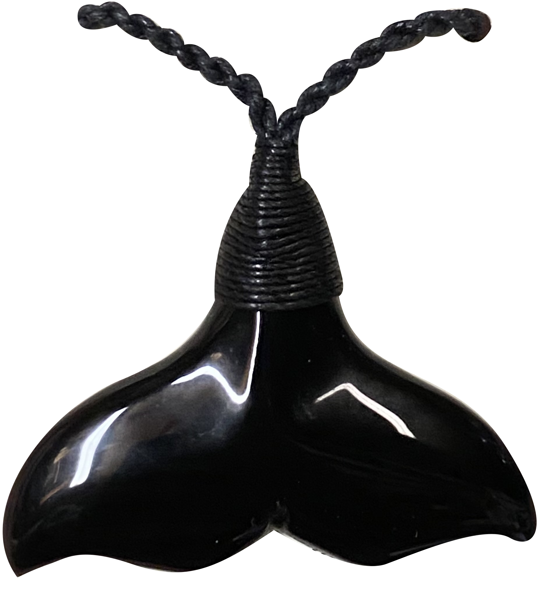 Black Jade Carved Whale Tail on Adjustable Cord 33x50mm