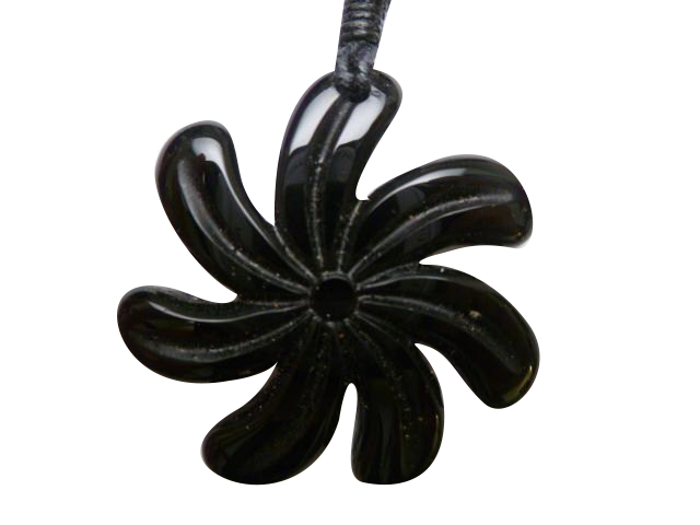 Black Jade Carved Flower on Adjustable Hemp Cord 38x35mm